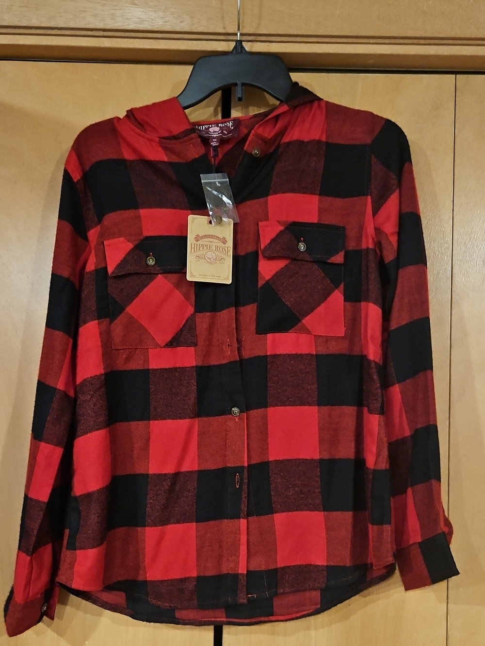 Hippie Rose Women’s Red and Black Buffalo Plaid Hooded Button-Down